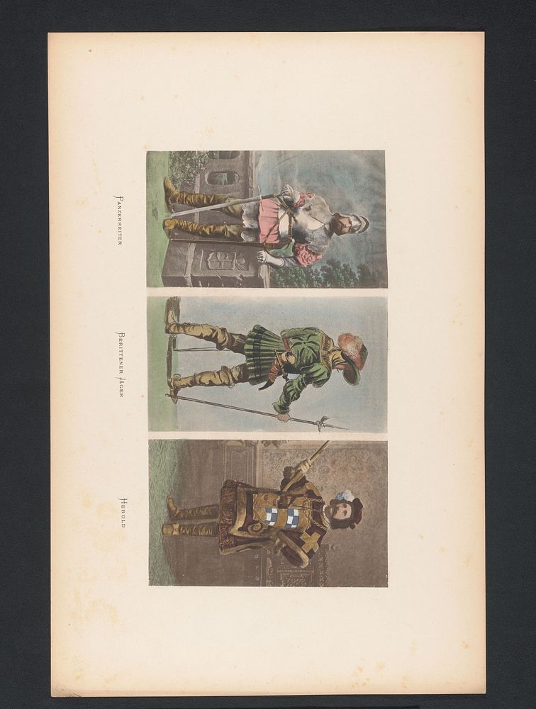 Drie afbeeldingen van mannen in kostuum, afgebeeld een soldaat, een jager en een heraut (c. 1876 - in or before 1881) by…