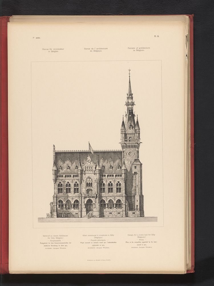 Reproductie van een ontwerp van een stadhuis voor Gilly, België, door Jean-Jacques Winders (c. 1888 - in or before 1893) by…