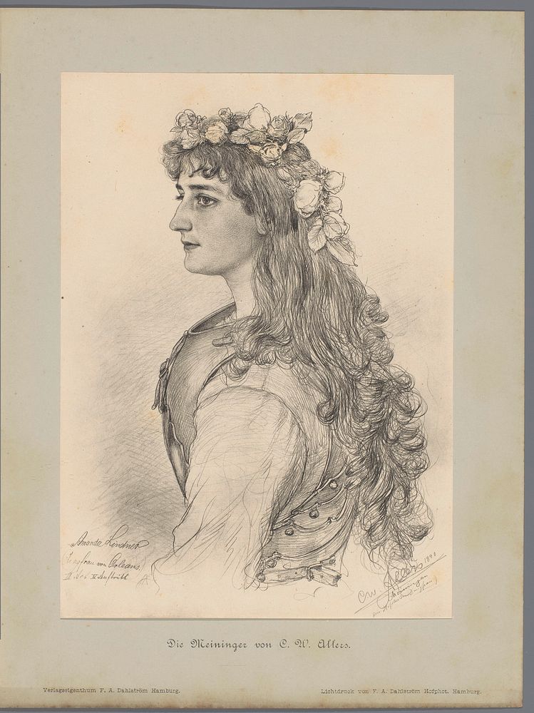Fotoreproductie van een tekening, voorstellende een portret van Amanda Lindner als Jeanne d'Arc (1890) by F A Dahlström and…