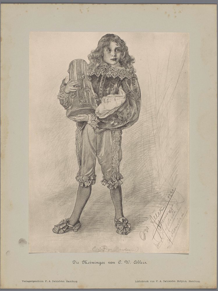 Fotoreproductie van een tekening, voorstellende een jonge toneelspeler in pagekostuum (1890) by F A Dahlström and Christian…