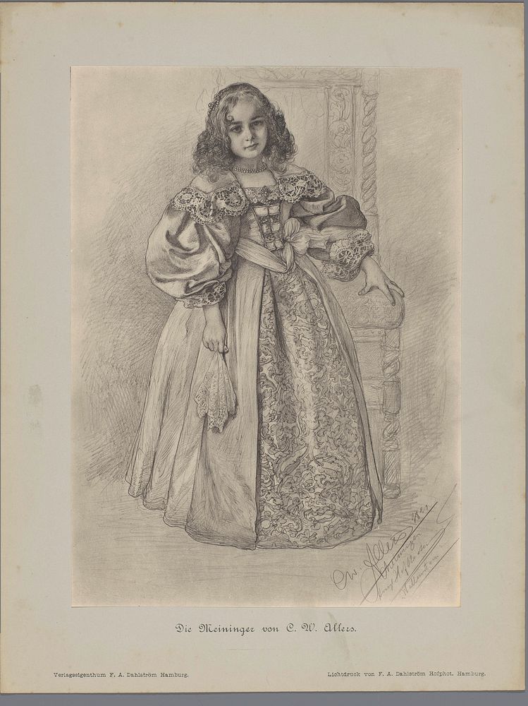 Fotoreproductie van een tekening, voorstellende een jonge actrice in historisch kostuum (1890) by F A Dahlström and…