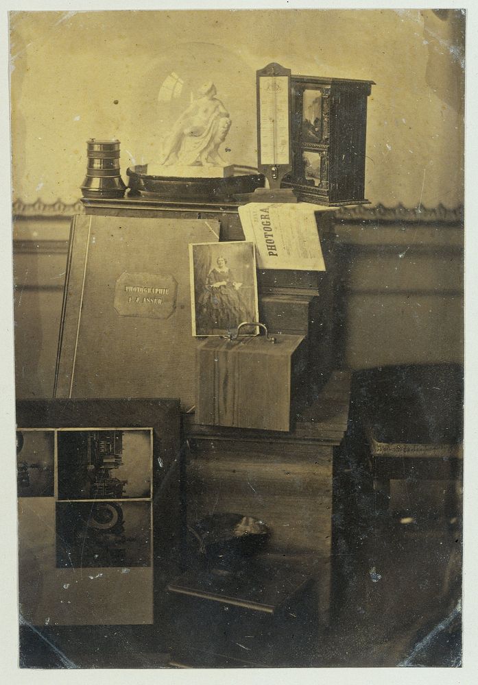 Stilleven met foto's, lens, beeld en andere objecten (1855) by Eduard Isaac Asser
