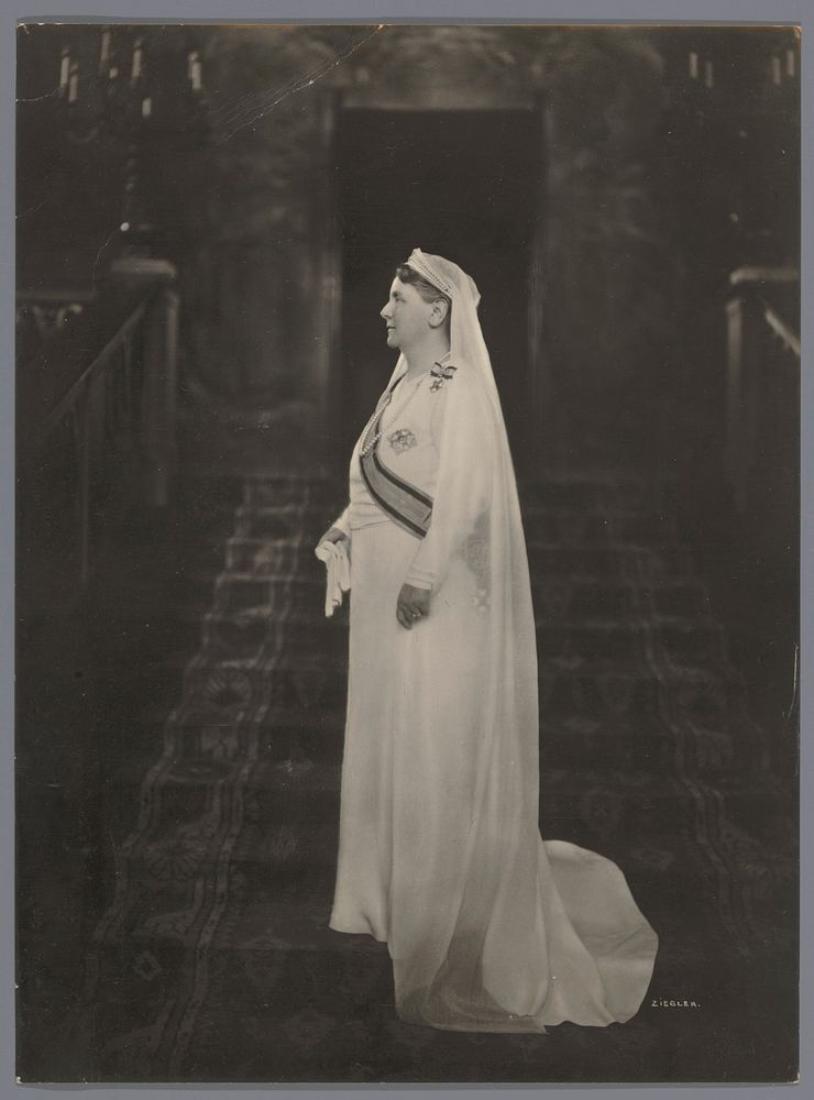 Statieportret van koningin Wilhelmina in het wit gekleed (1934) by Ziegler