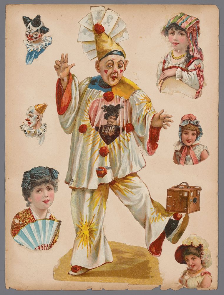 Blad met opgeplakte poëzieplaatjes, waaronder een clown met Kodak camera op zijn voet (1910 - 1930) by anonymous