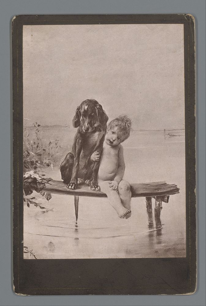 Reproductie van schilderij 'Idylle' door Piglhein, peuter en hond op steiger, van voren gezien (1883) by Römmler and Jonas…