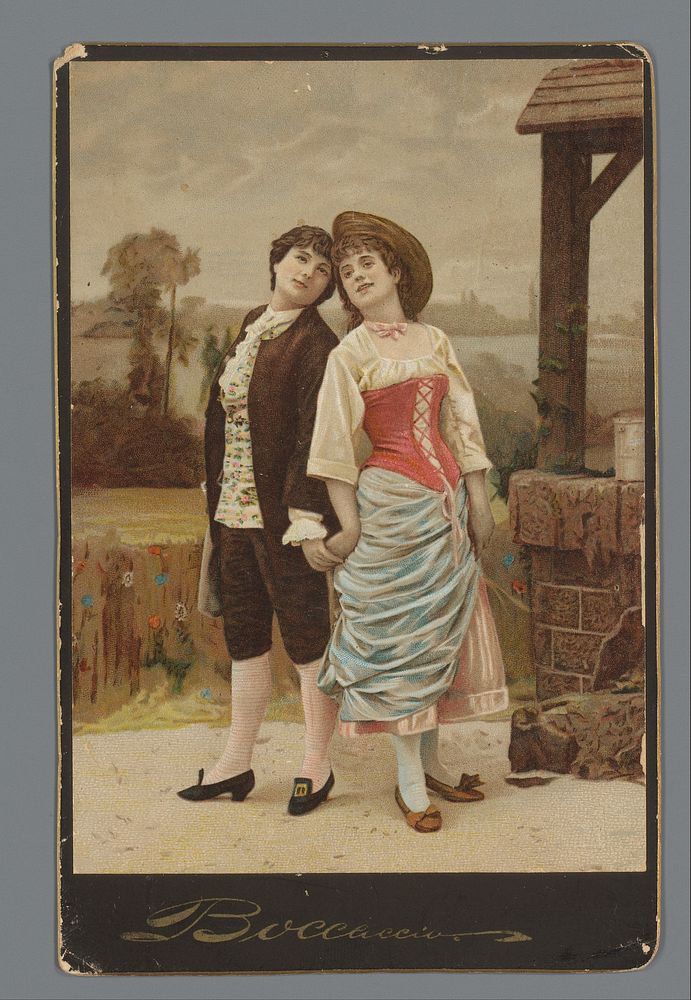 Reproductie van een schilderij van een echtpaar bij een put (c. 1870 - c. 1920) by anonymous, anonymous and anonymous
