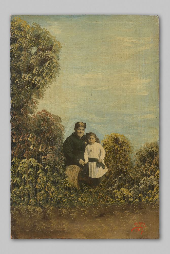 Portret van een onbekende moeder met dochter in struikgewas (1917) by Clady