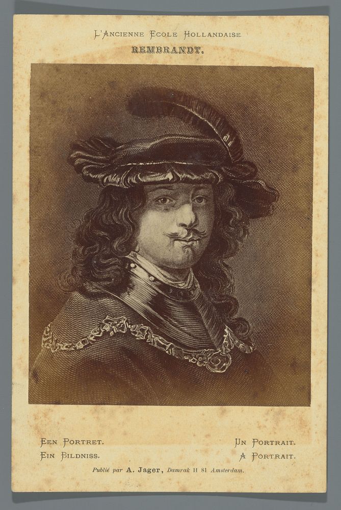 Fotoreproductie van een gravure naar een schilderij van een zelfportret van Rembrandt van Rijn (1860 - 1890) by Andries…