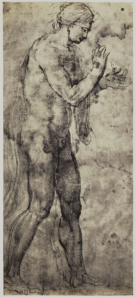 Fotoreproductie van een tekening van Rafaël, staand mannelijk naakt met vlam op zijn hand (c. 1852 - in or before 1857) by…