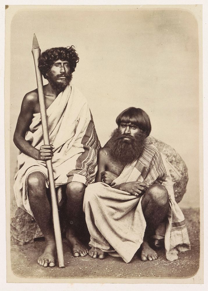 Studio portrait of two unknown Toda men from the Nilgiri hills, Tamil Nadu, India (1860 - 1890) by A T W Penn