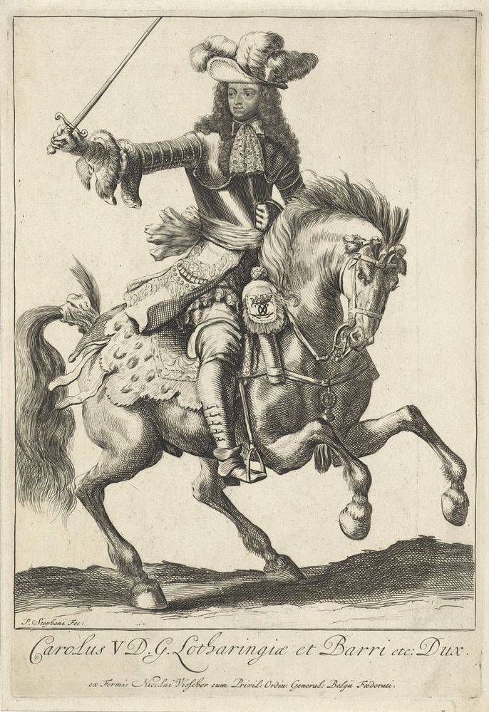 Ruiterportret van Karel V Leopold, hertog van Lotharingen (1675 - 1690) by Pieter Stevens vermeld in 1689, Nicolaes Visscher…