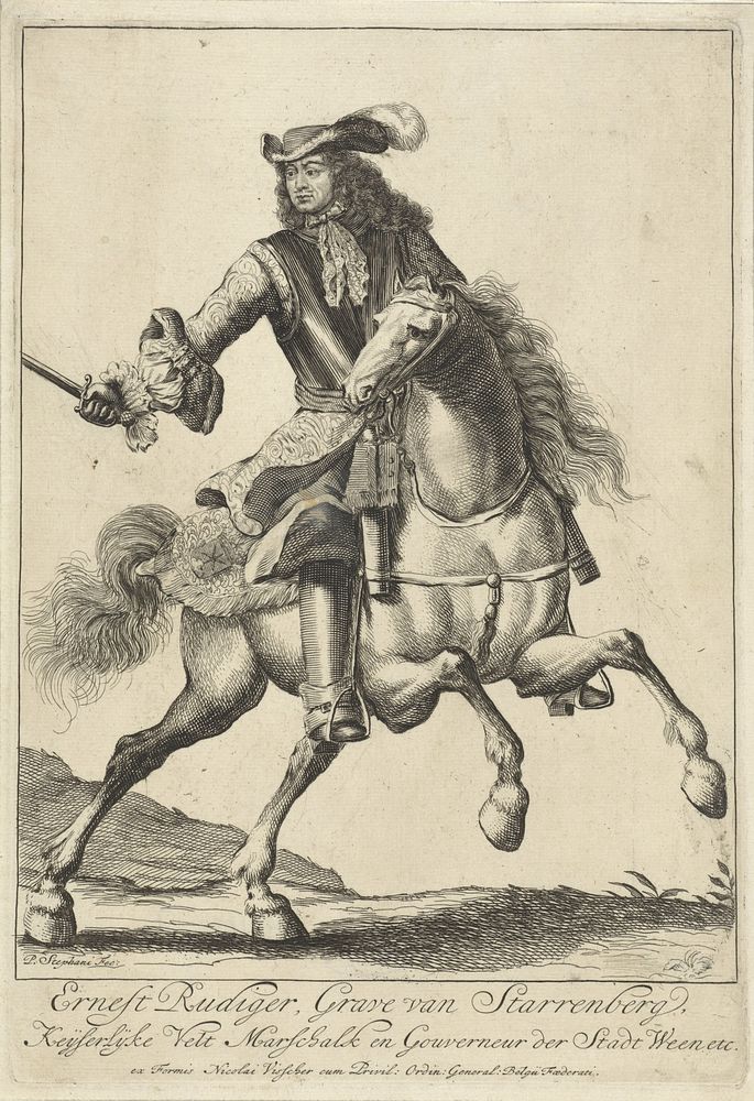 Ruiterportret van Ernst Rüdiger van Starhemberg (1683 - 1701) by Pieter Stevens vermeld in 1689, Nicolaes Visscher II and…
