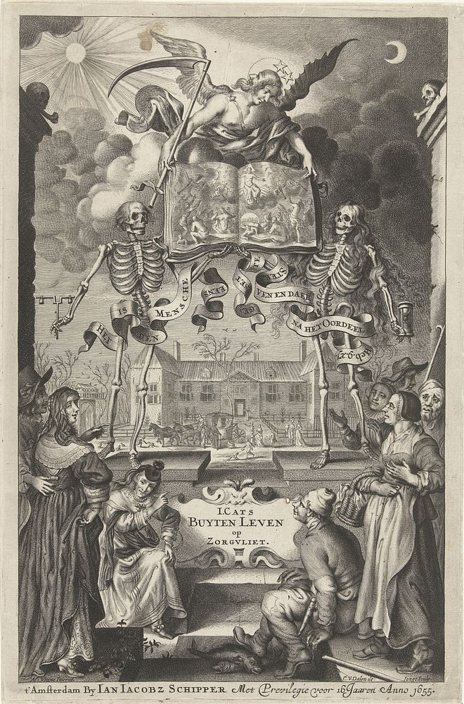 Stadsmensen en boeren kijken naar twee skeletten en engel met boek opengeslagen bij voorstelling van laatste oordeel (1655)…