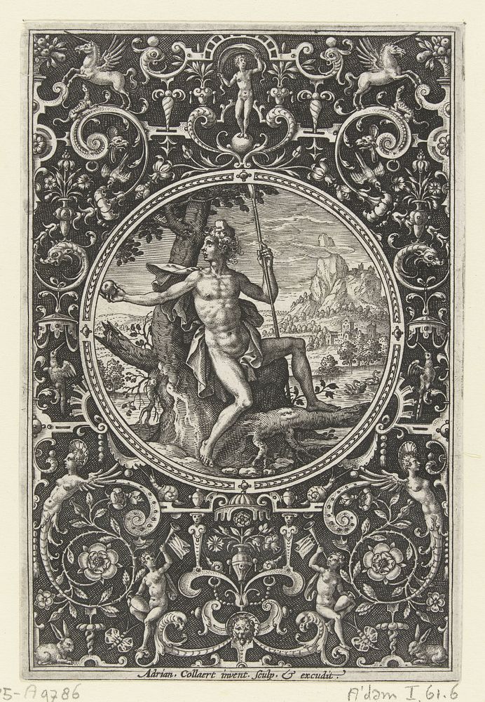 Medaillon waarin Paris, gezeten tegen een boom (1570 - 1618) by Adriaen Collaert, Adriaen Collaert and Adriaen Collaert