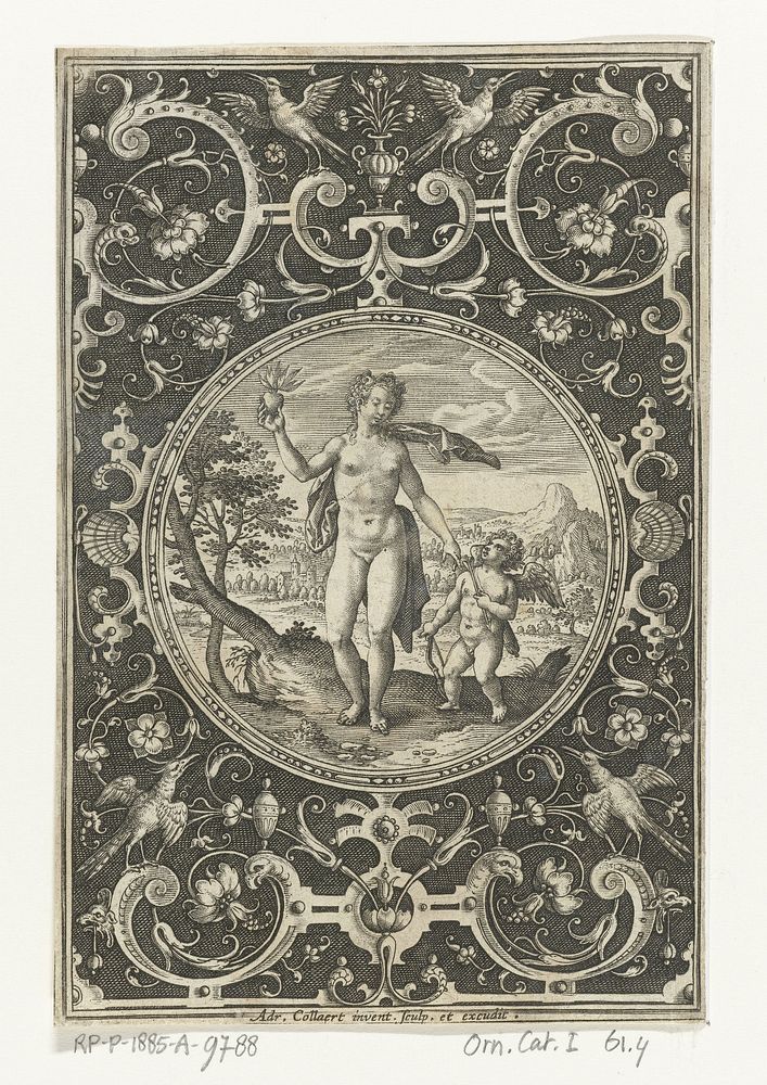 Medaillon met Venus en Amor in omlijsting van grotesken met bloemen, guirlandes, dieren en mascarons (1570 - 1618) by…