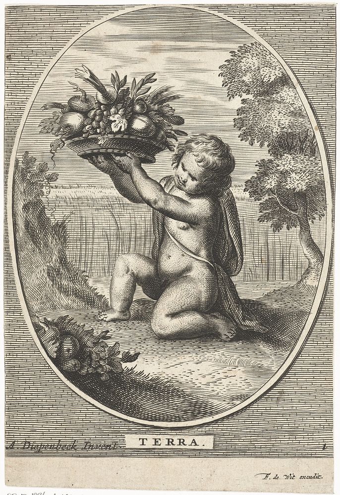 Element aarde als kind met schaal met fruit en groenten voor korenveld in ovaal (1648 - 1706) by anonymous, Cornelis van…