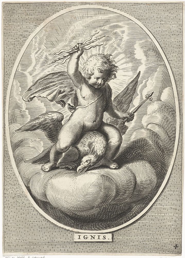 Element vuur als kind met bliksemschichten op rug van adelaar (1648 - 1706) by anonymous, Cornelis van Dalen II, Abraham van…
