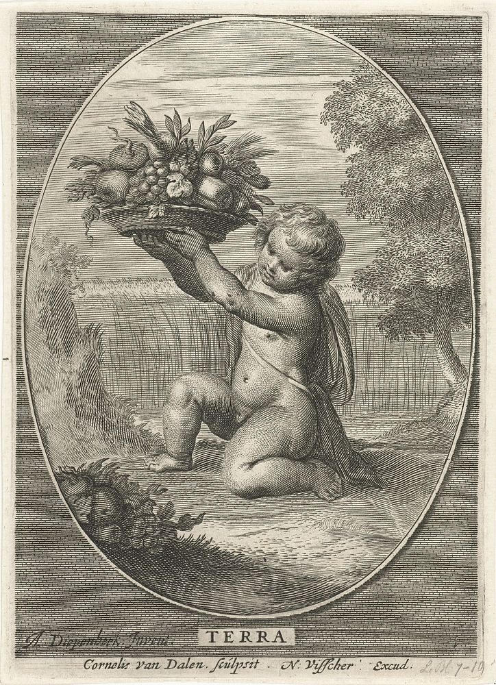 Element aarde als kind met schaal met fruit en groenten voor korenveld in ovaal (1648 - 1664) by Cornelis van Dalen II…
