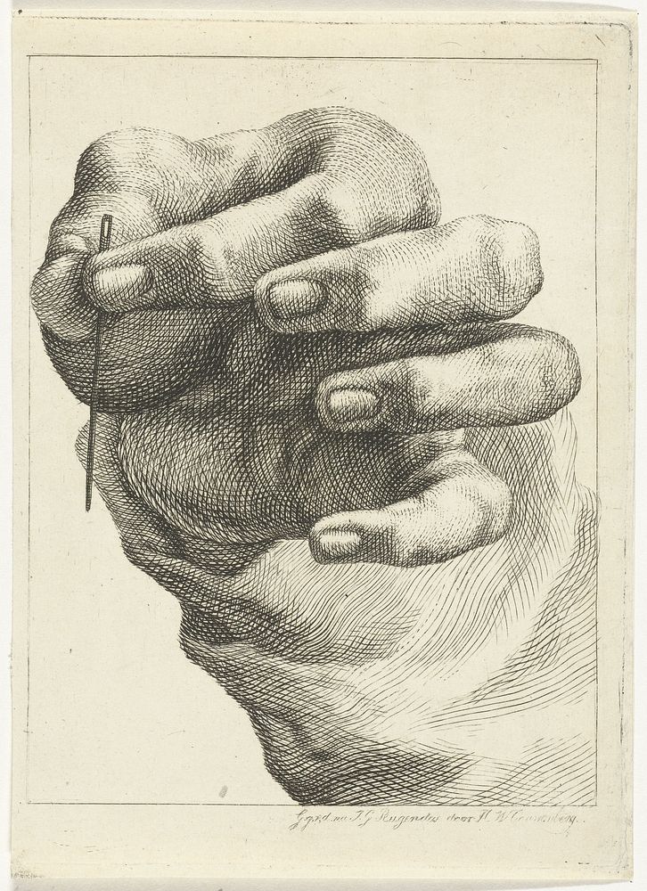 Studie van een hand met een naald tussen duim en wijsvinger (1830 - 1845) by Henricus Wilhelmus Couwenberg and Jeremias…
