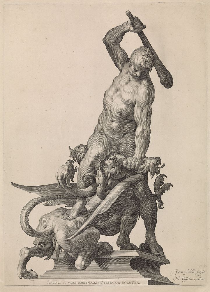 Hercules doodt de hydra van Lerna (1633 - 1679) by Jan Harmensz Muller, Adriaen de Vries and Nicolaes Visscher I