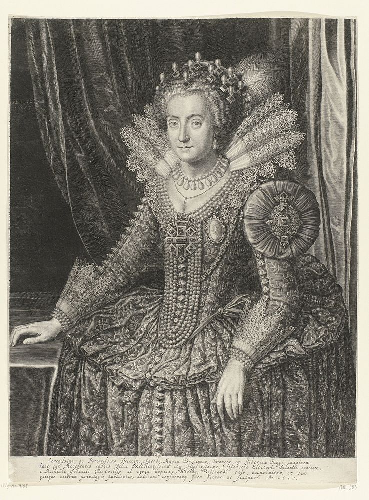 Portret van Elisabeth Stuart, echtgenote van Frederik V, koningin van Bohemen (1615) by Boëtius Adamsz Bolswert, Michiel…