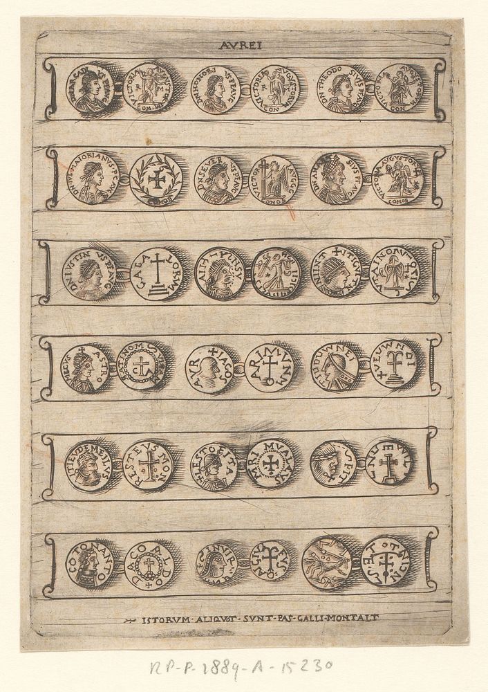 Voor- en achterzijde van achttien antieke en middeleeuwse gouden munten (c. 1550 - c. 1650) by anonymous