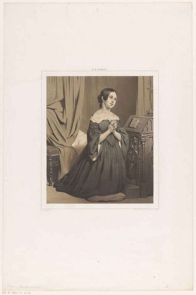Knielende vrouw in gebed (1847 - 1849) by Willem Hendrik Schmidt and Koninklijke Nederlandse Steendrukkerij van C W Mieling