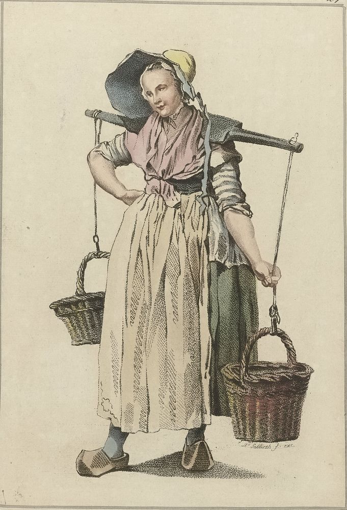 Boerenvrouw met twee manden aan een juk (1818 - 1833) by Mathias de Sallieth, Jacob Perkois, Johannes Huibert Prins and…