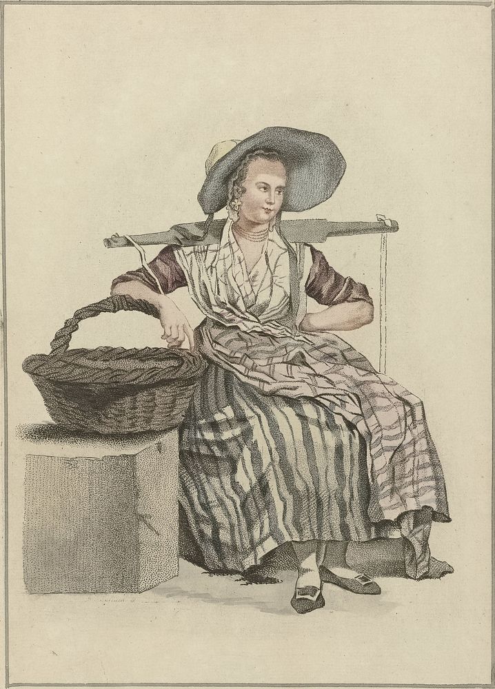 Zittende boerenvrouw met mand (1818 - 1833) by Mathias de Sallieth, Jacob Perkois and Johannes Huibert Prins