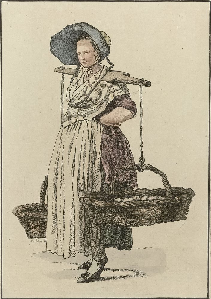 Eierverkoopster met twee manden aan een juk (1818 - 1833) by Mathias de Sallieth, Jacob Perkois and Johannes Huibert Prins