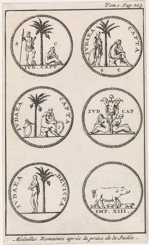 Zes Romeinse penningen (1705) by Jan Luyken and Pieter Mortier I