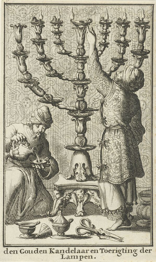 Gouden zevenarmige kandelaar of menora (1683) by Jan Luyken and Willem Goeree