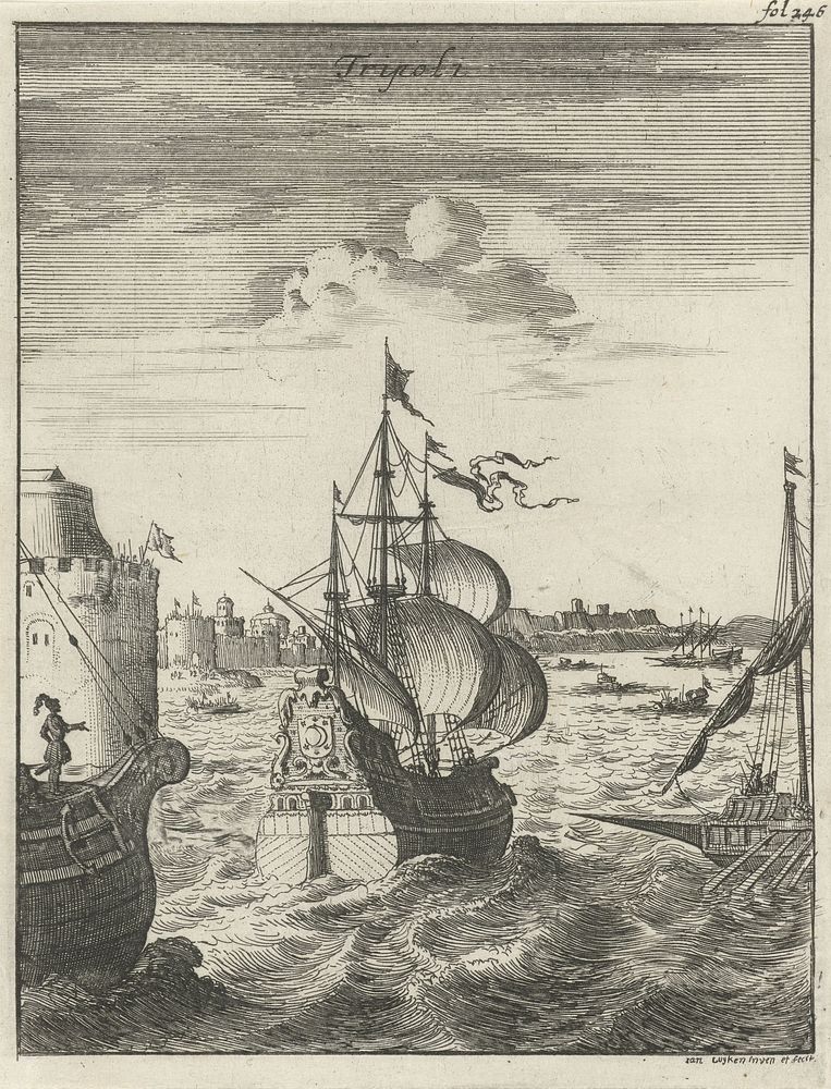 Schepen varen Tripoli binnen (1684) by Jan Luyken, Jan Luyken and Jan Claesz ten Hoorn