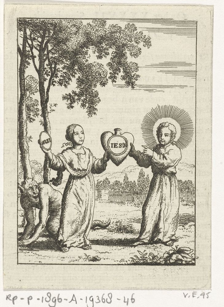 Christus en de gepersonifieerde ziel houden samen een hart met de afdruk "Iesus" vast (1678 - 1687) by Jan Luyken and Pieter…