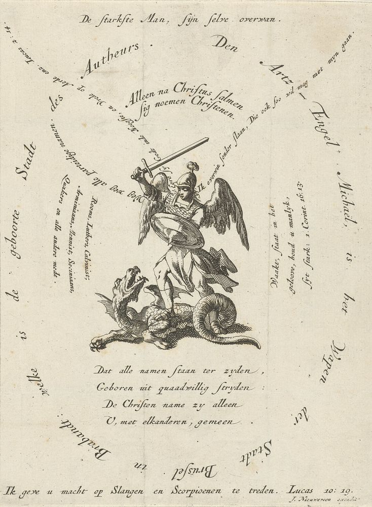Aartsengel Michaël doodt de draak, rondom verschillende opschriften (1694) by Jan Luyken and Jacobus van Nieuweveen