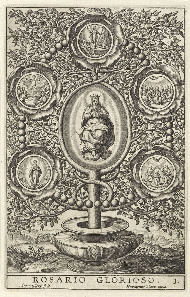 Vijf glorierijke mysteries (1605 - 1619) by Antonie Wierix II and Hieronymus Wierix