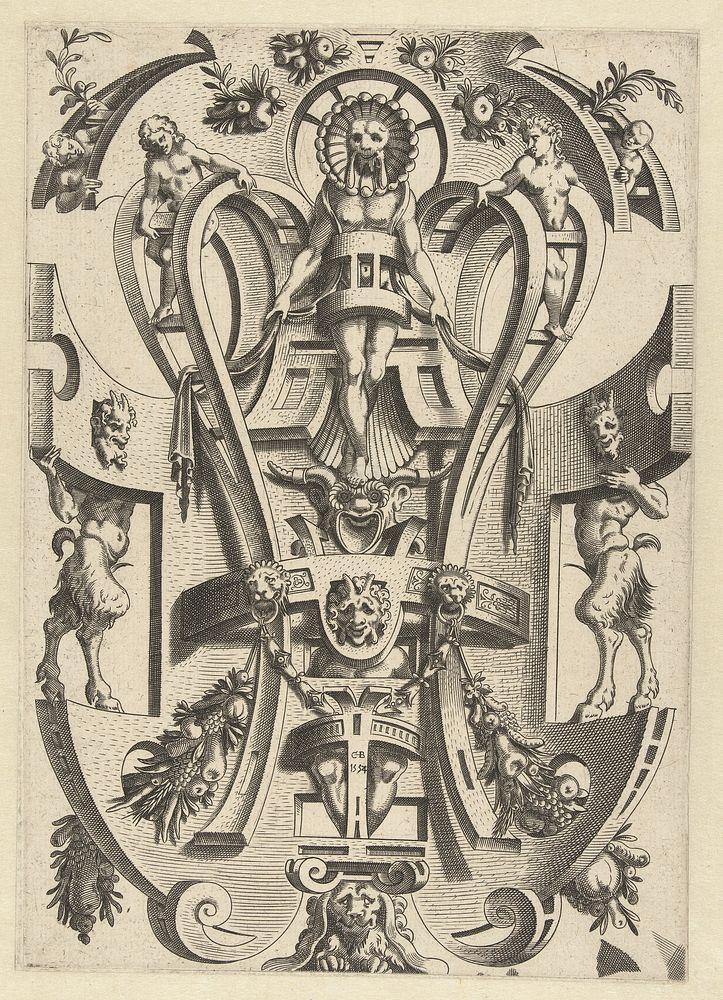 Rolwerk waarin bovenaan een man met een masker op gevangen staat (1554) by anonymous and Cornelis Bos