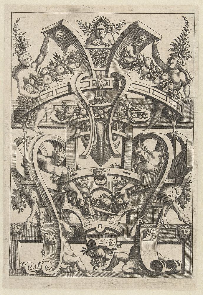 Rolwerk waar bovenaan en onderaan een vruchtenguirlande doorheen hangt (1550) by anonymous and Cornelis Bos