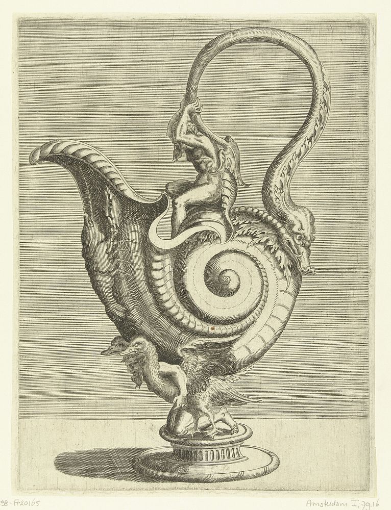 Kan in de vorm van een slakkenhuis, gedragen door een sater die tussen twee vogels geknield zit (1548) by Balthazar van den…