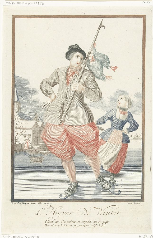 Schaatsende man met drie eenden aan een stok (1695 - 1697) by Pieter van den Berge, Pieter van den Berge, Pieter van den…