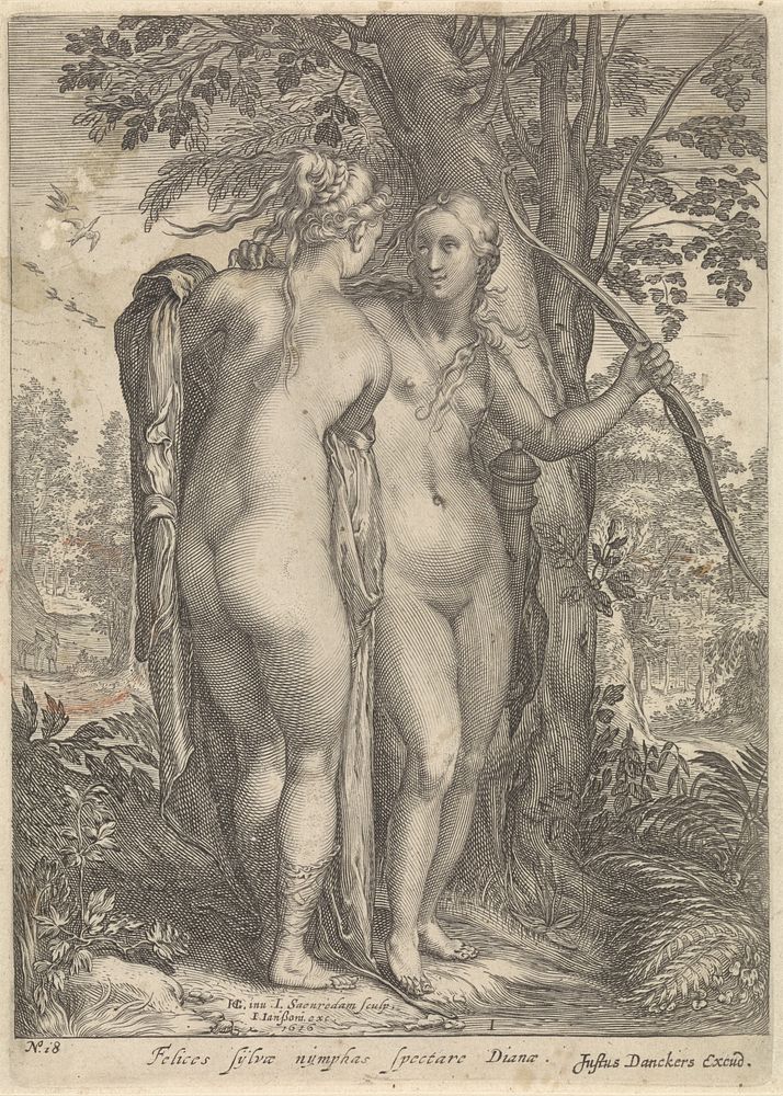 Diana en een nimf voor een boom (1598 - 1701) by Jan Saenredam, Hendrick Goltzius, Johannes Janssonius and Justus Danckerts