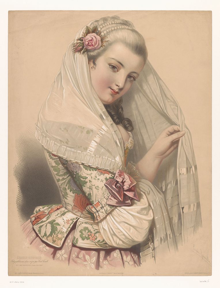 Gesluierde jonge vrouw met een roos in het haar (1844 - 1850) by Émile Lassalle, Constant Joseph Brochart, Joseph Rose…