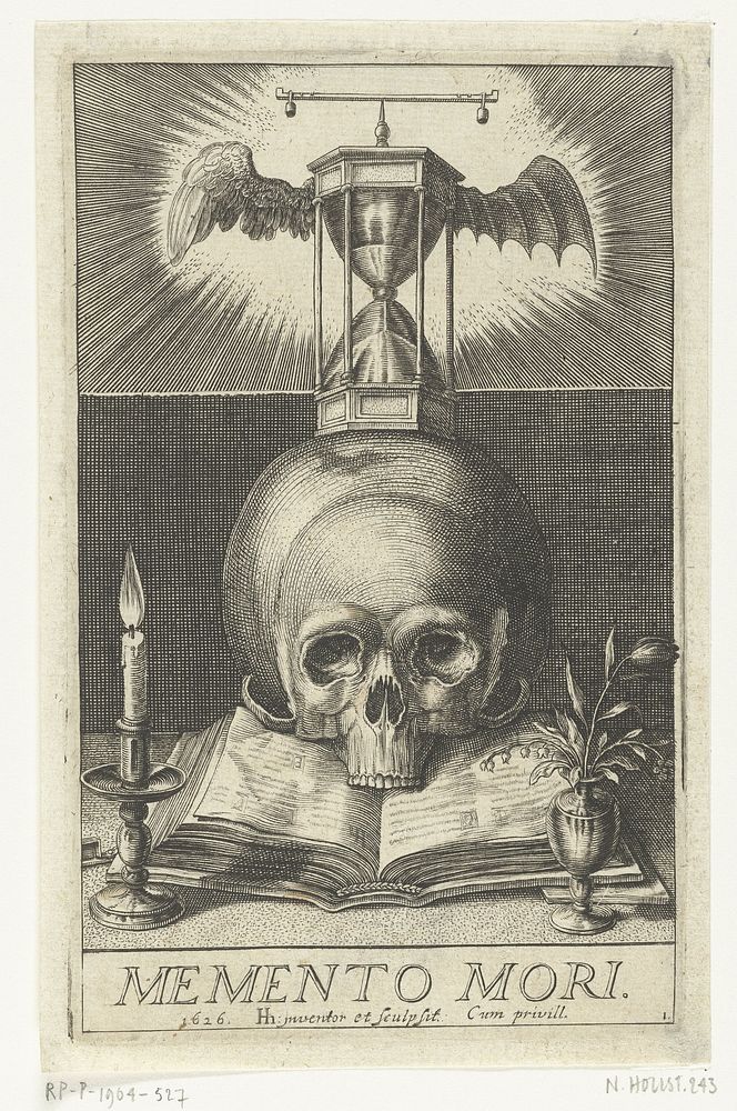 Titelprent met een schedel en een zandloper (1626) by Hendrick Hondius I and Hendrick Hondius I