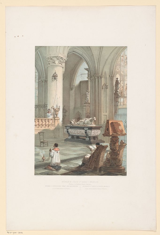 Interieur van de Sint-Michiel-en-Sint-Goedelekathedraal te Brussel met de tombe van Ernst van Oostenrijk (1851) by François…