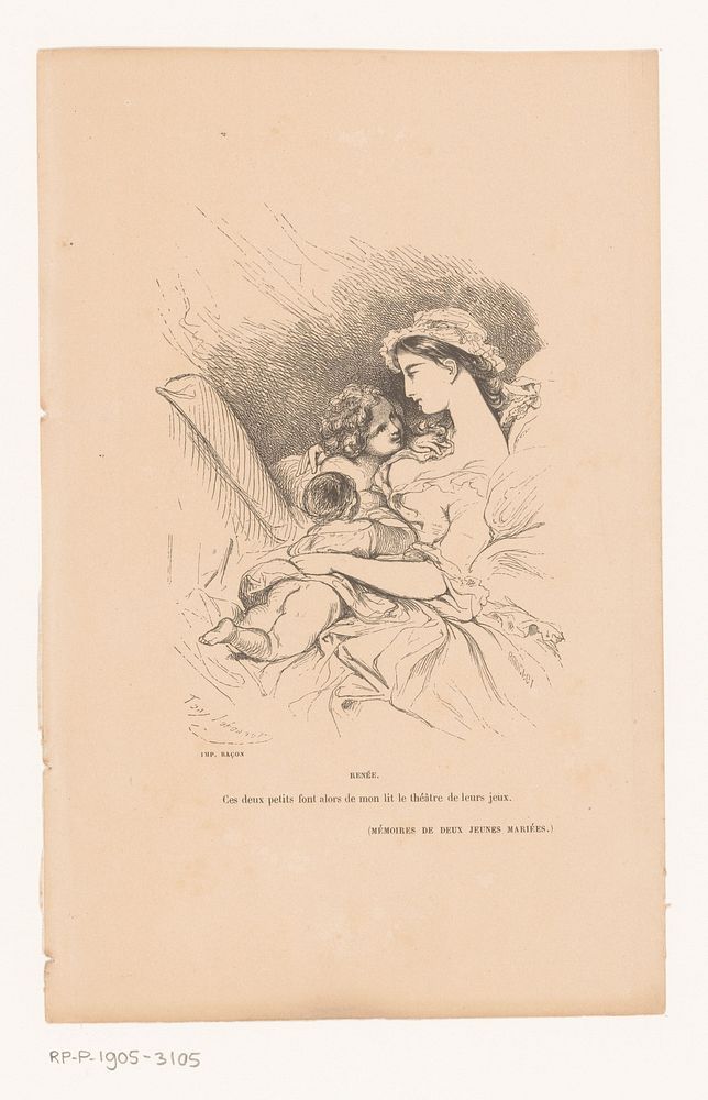 Twee kinderen bij een vrouw op bed (1813 - 1852) by Tony Johannot and Imprimerie Raçon