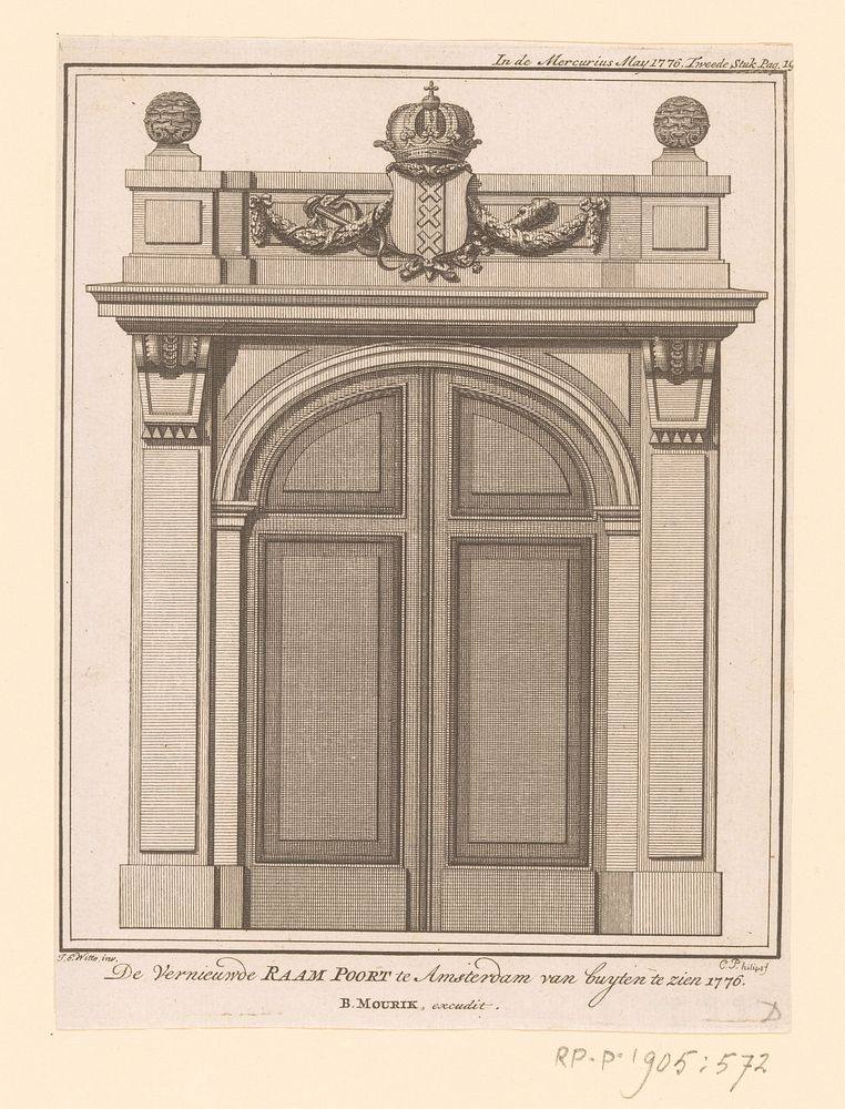 Gezicht op de vernieuwde Raampoort in Amsterdam (1776) by Caspar Jacobsz Philips, Jacob Eduard de Witte and Bernardus Mourik