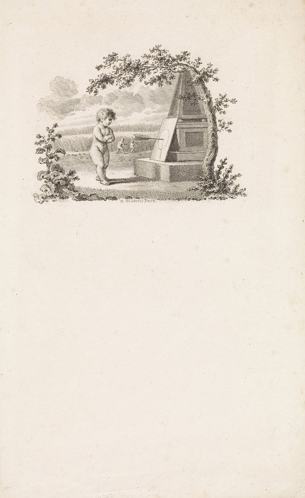 Putto bekijkt een pijl in de roos van een schietschijf (1751 - 1816) by Reinier Vinkeles I