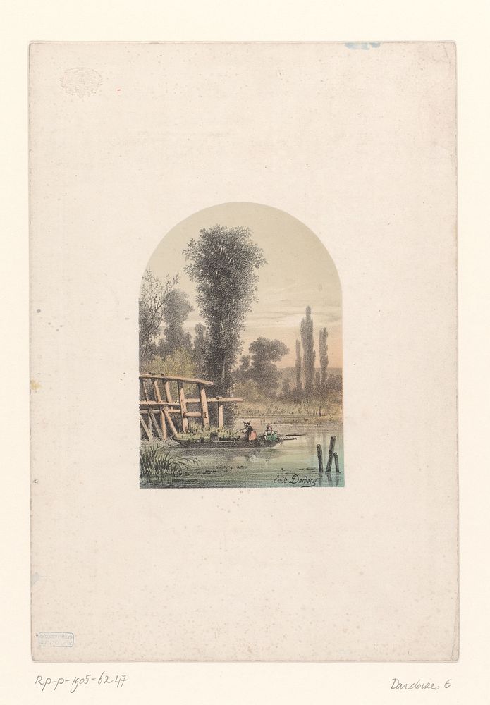 Rivierlandschap met twee vrouwen in een boot (in or after 1848 - 1878) by Émile Dardoize and Becquet frères