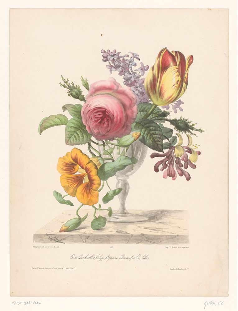 Bloemboeket in een glas (c. 1851 - c. 1854) by François Frédéric Grobon, François Frédéric Grobon, François Delarue…