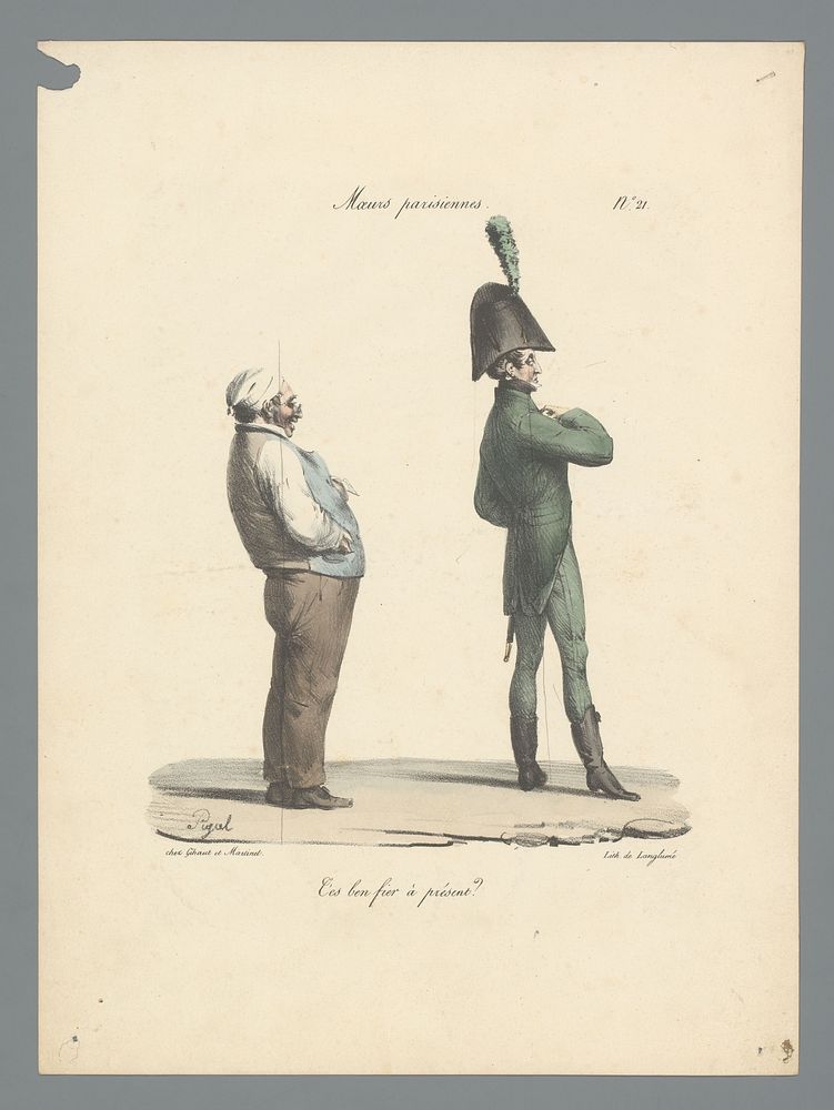 Oudere man bekijkt het kostuum van jongere man (1825) by Edme Jean Pigal, Pierre Langlumé and Gihaut et Martinet